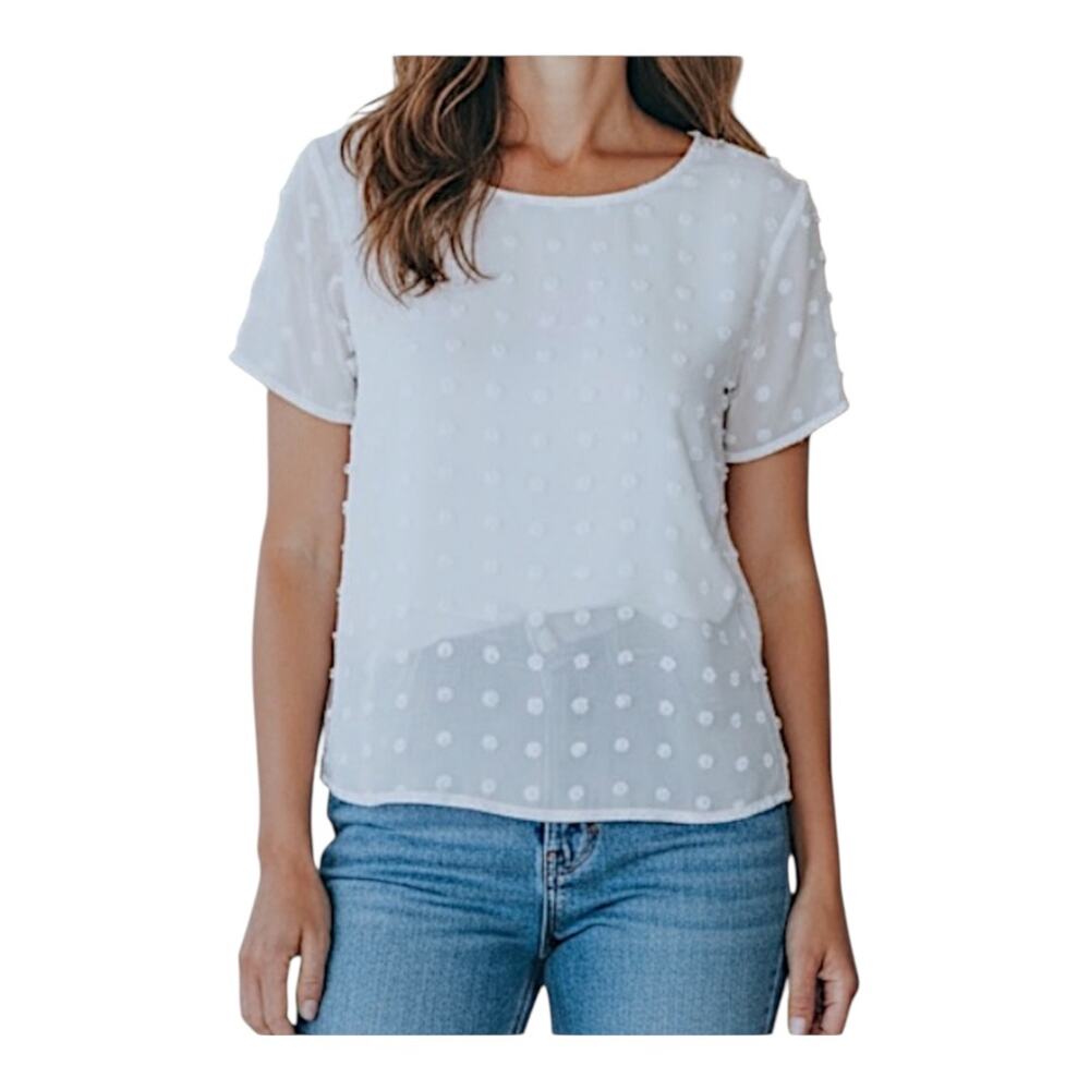White Swiss Dot Blouse Short Sleeve Textured Top Women’s Size S